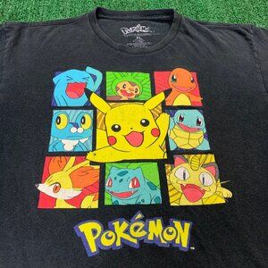 2010 Pokémon XL T-Shirt Pikachu Kalos Starters Grid Black Graphic Tee